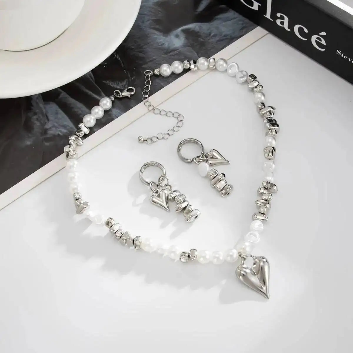 Vintage Imitation Pearl Choker Necklace Drop Earrings for Women Wedding Bridal Beads Chain Love Heart Jewelry Set New