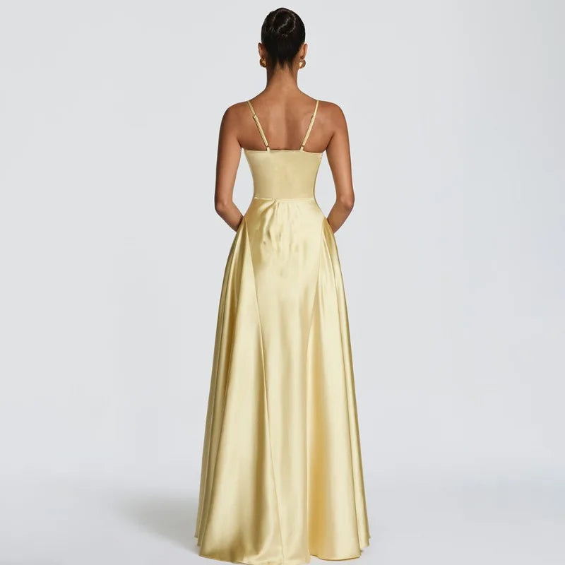 Spaghetti Strap Deep V Neck Backless Maxi Dress Satin Purple Party Dresses Woman Elegant Luxury Ball Gowns