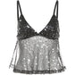 Hottie Sequins Patchwork  v-Neck Sexy Women Summer Trend Backless Mesh Camisol Street Midnight Versatile Classic Tops