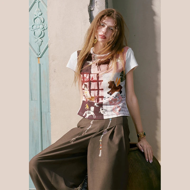 Women's Western Patchwork Graphic T-Shirt with Horse & Cowboy Boot Print, Short Sleeve Regular Fit Tee for Summer