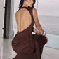 Backless Draped Ruched Sexy Maxi Dress Women Gown Elegant O Neck Sleeveless High Waist Skinny Club Party Long Dresses