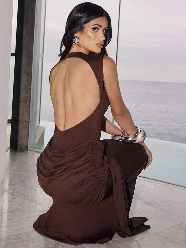 Backless Draped Ruched Sexy Maxi Dress Women Gown Elegant O Neck Sleeveless High Waist Skinny Club Party Long Dresses