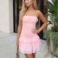 Women Strapless Lace Corset Bodycon Mini Dress Ruffle Trim Layered Irregular Chiffon Hem Back Zipper Party Club Dress