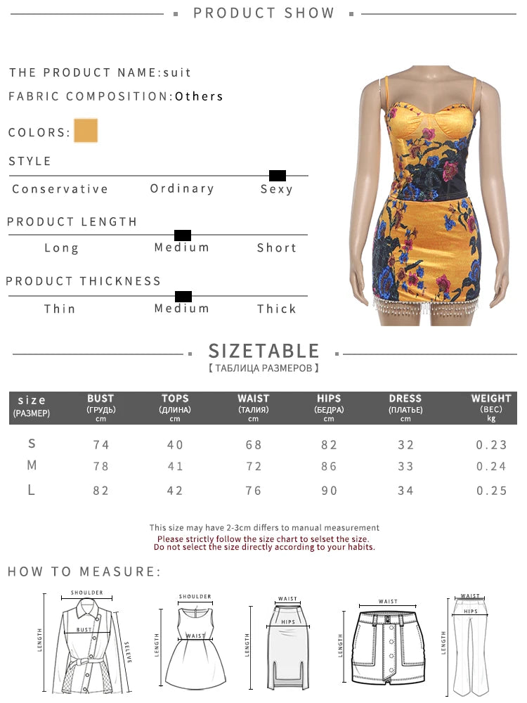 Sexy Floral Print 2 Piece Set Women Trend Square Collar Tank Top+Beads Tassel Patchwork Skirt Fashion Party Suits