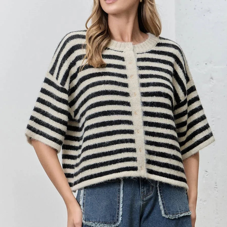 Women Contrast Stripe Plush Mohair Knit Cardigan Round Neck Button Front Half Sleeve Loose Fit Cropped Knit Jacket Fall