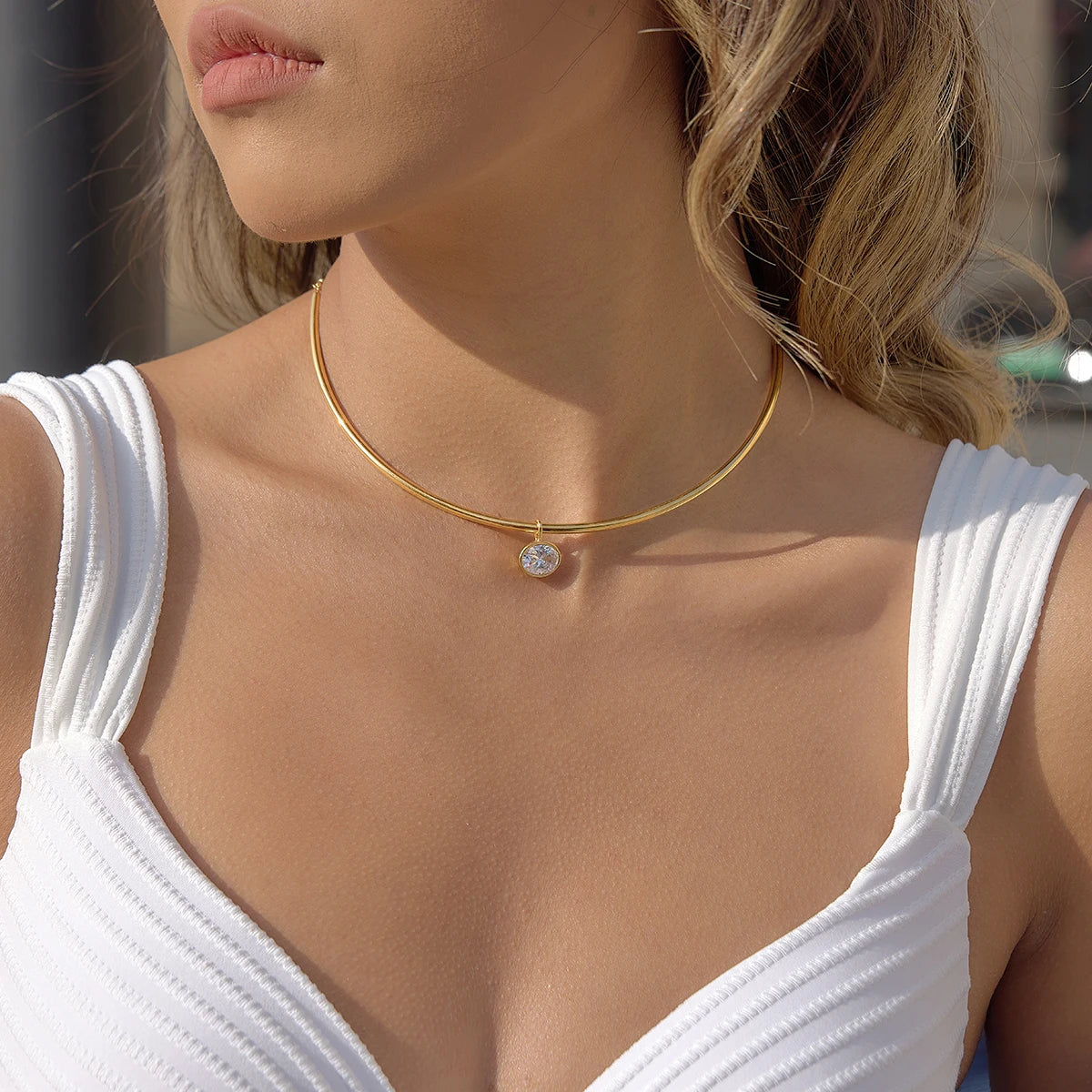 Geometric Zircon Pendant Torques Necklace For Women 18K Gold PVD Plated Stainless Steel Necklace Fashion Jewelry Gift