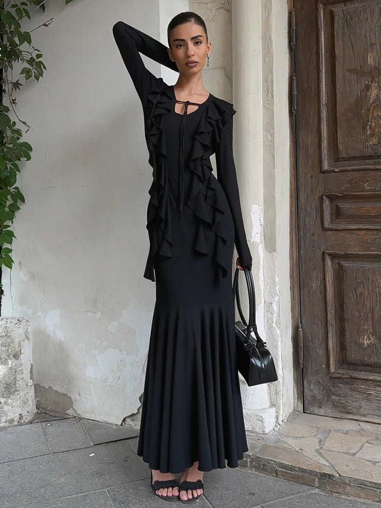 Sexy Ruffled Fringe Dress Women Lace-Up Ruched Patchwork U-Neck Full Sleeve Elegant Stretch Skinny Evening Bodycon