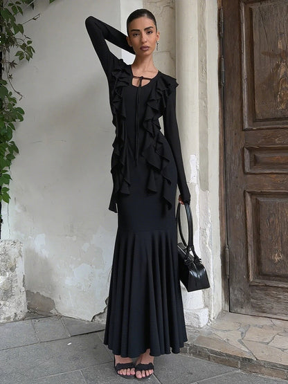 Sexy Ruffled Fringe Dress Women Lace-Up Ruched Patchwork U-Neck Full Sleeve Elegant Stretch Skinny Evening Bodycon