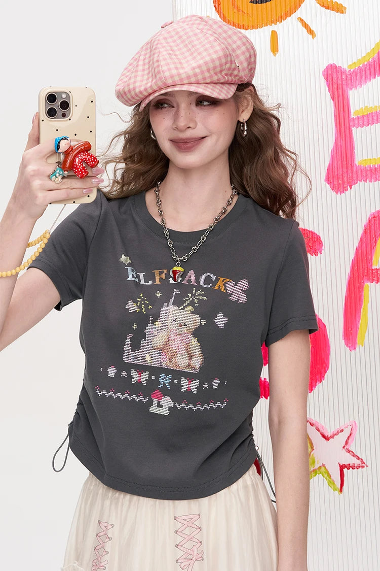 Y2K Cartoon Print Crop T-Shirt Short Sleeve Ruched Side Slim Fit Tee for Women