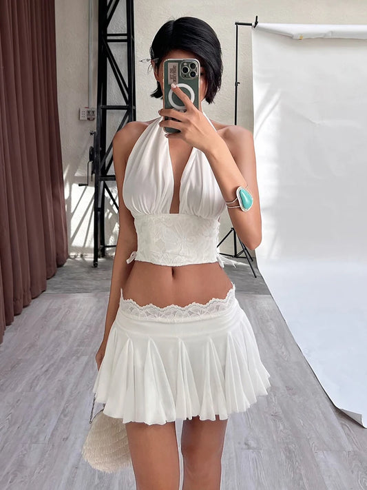 Sexy 2Piece Set Women Y2K Patchwork Lace V-Neck Sleeveless Backless Folds Halter Tops+Wave Edge Skirt Matching Suit