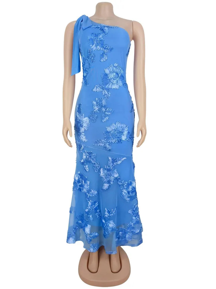 3D Floral Applique Sexy Maxi Dress Women Elegant One Shoulder Backless Sleeveless Bodycon Club Party Evening Long Dress