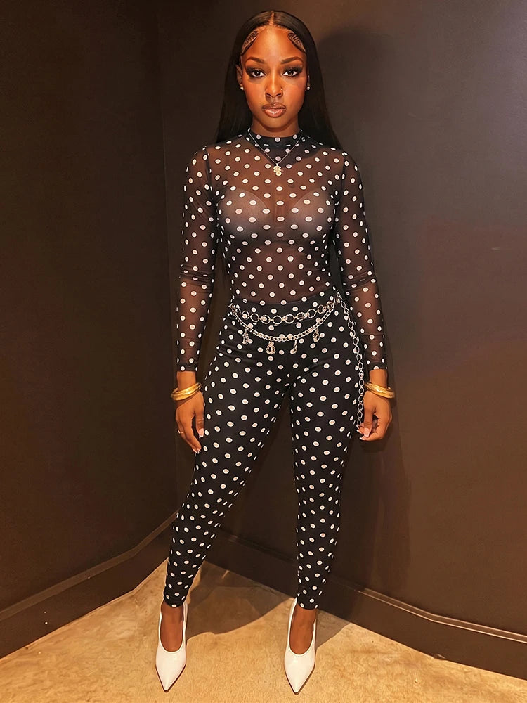 Sexy 2-Piece Set Women See Through Full Sleeve o-Neck Crop Tops+Elastic Waist Skinny Pants Midnight Wild Streetwear