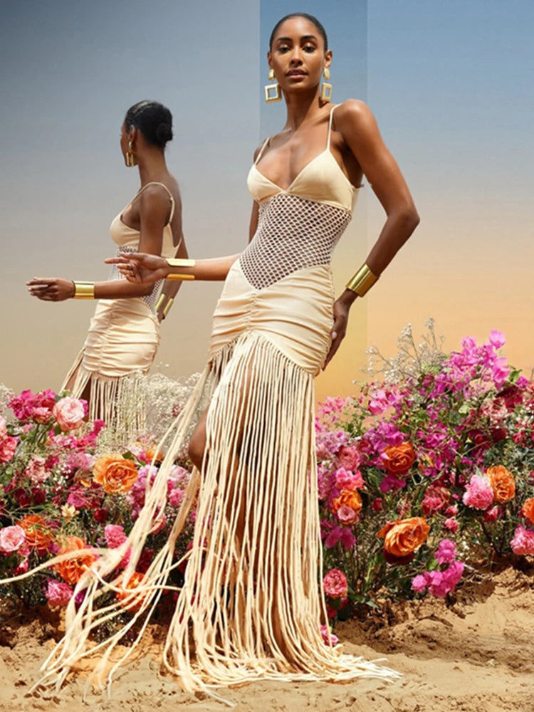 Sexy Fashion Hollow Maxi Dress Women Low-Neck Backless Sleeveless Taseel Ruched Skinny Peach Hip Prom Party Vestidos