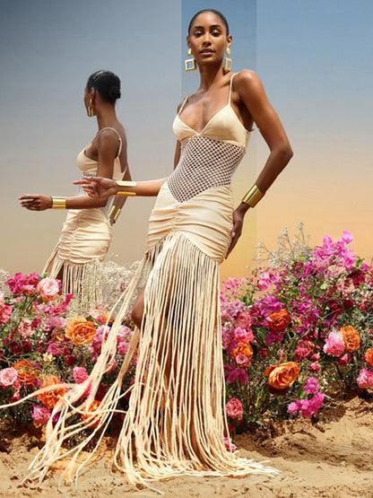 Sexy Fashion Hollow Maxi Dress Women Low-Neck Backless Sleeveless Taseel Ruched Skinny Peach Hip Prom Party Vestidos