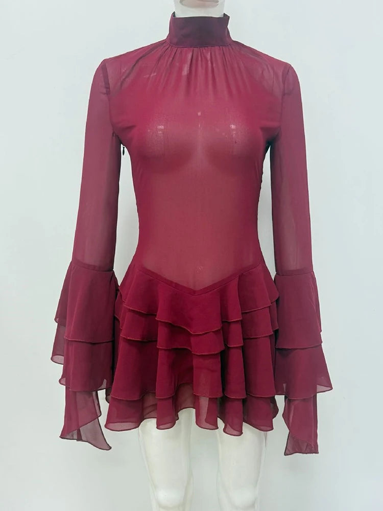 Mesh See Through Ruffle Sexy Mini Dress Women Elegant Turtleneck Long Sleeve Tiered Frills Club Party Dresses Female