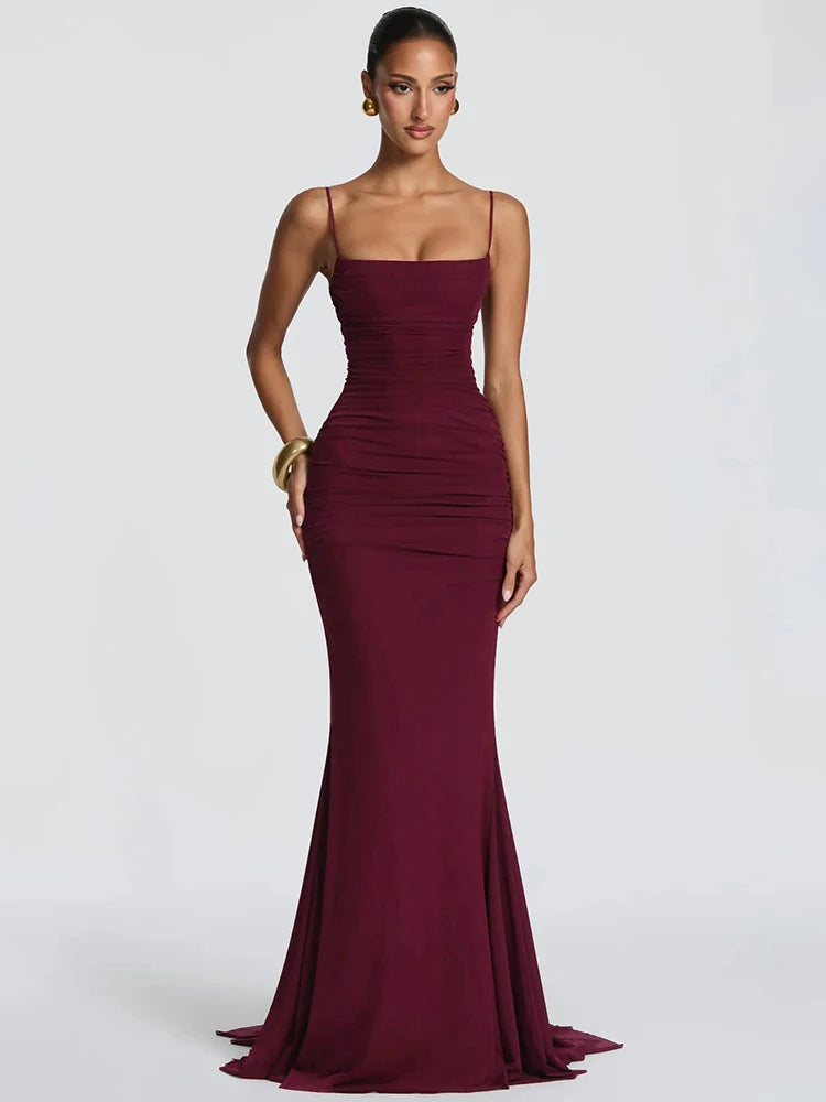 Spaghetti Strap Backless Sexy Maxi Dress Women Elegant Square Collar Sleeveless Bodycon Club Party Mermaid Long Dress