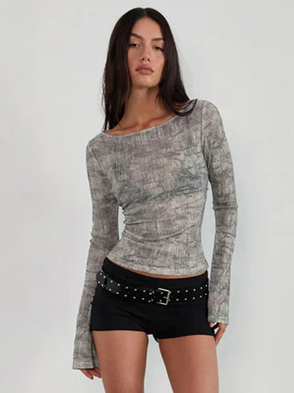Mesh Sheer Animal Print Long Sleeve Top Women 2026 Fashion Trends Y2k T Shirt