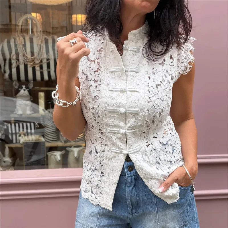 Lace Sleeveless Top Women Mandarin Collar Cap Sleeve Hollow Floral Lace Shirt Frog Buttons Slim Cropped Split Front Tops
