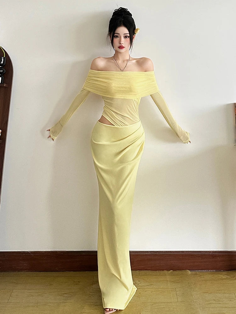 Slash Neck Dress Women Chic Elegant Sexy 2025 Patchwork Mesh Ruched Hollow Birthday Party Clubwear  Vacation Vestidos