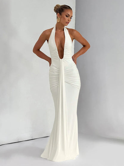 Backless Tassel Dress Women Peach Buttock Pleated Patchwork Solid Halter Sleeveless Midnight Clubwear Party Vestidos