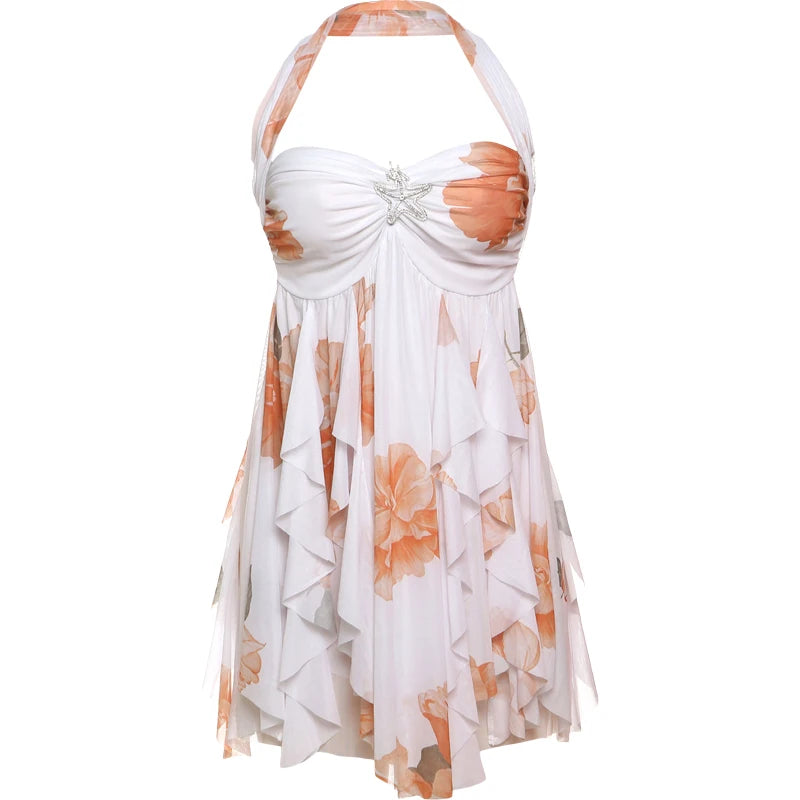 Metal Starfish Dress Women Low-Nec Chest Wrap Halter Irregular Ruffles Hem Backless Sleeveless Vacation Mini Bodycon