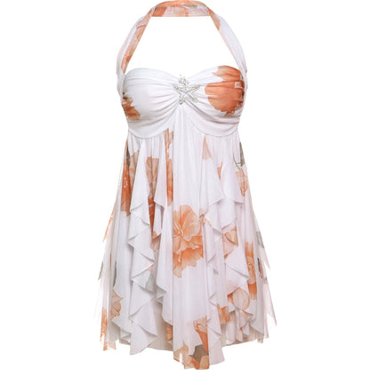 Metal Starfish Dress Women Low-Nec Chest Wrap Halter Irregular Ruffles Hem Backless Sleeveless Vacation Mini Bodycon