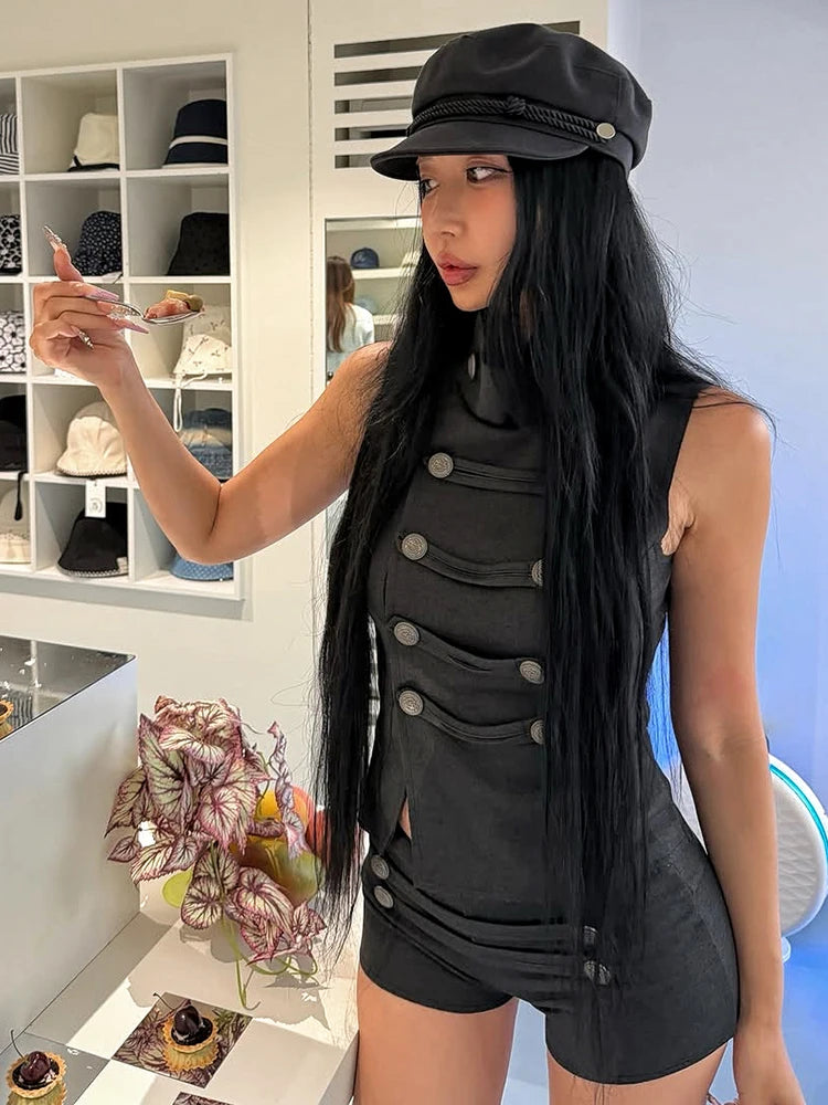 Sexy Fashion 2 Piece Set Woan Button Decoration Turtleneck Irregular Splits Hen Tops+Mini Shorts Classic Streetwear