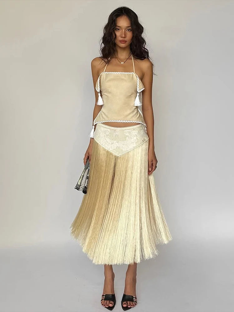 Prom Party Tassel 2 Piece Set Women Irregular Halter Backless Bandages Tank Top+Patchwork Skirt New Trend Sexy Streetwear