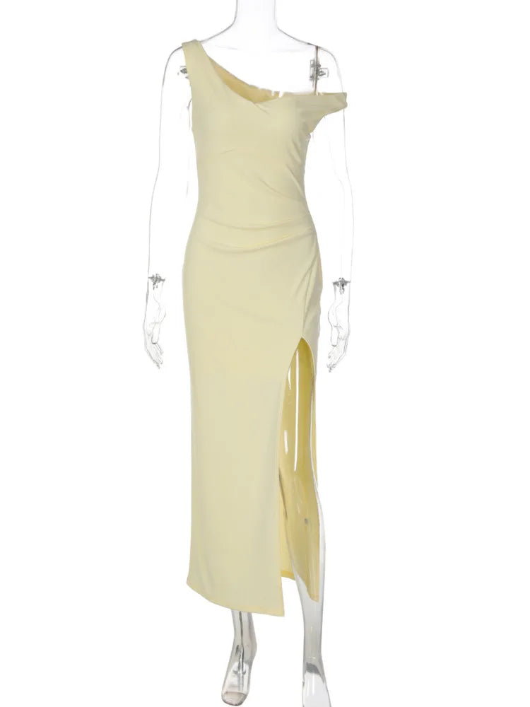 Asymmetric One Shoulder Sexy Maxi Dress Women Elegant Diagonal Collar Sleeveless Backless Cocktail Evening Party Dress