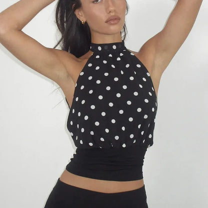 Y2k Polka Dot Halter Top Women Halter Neck Sleeveless Backless Tank Crop Tops Mock Neck Cute Going Out Camisole