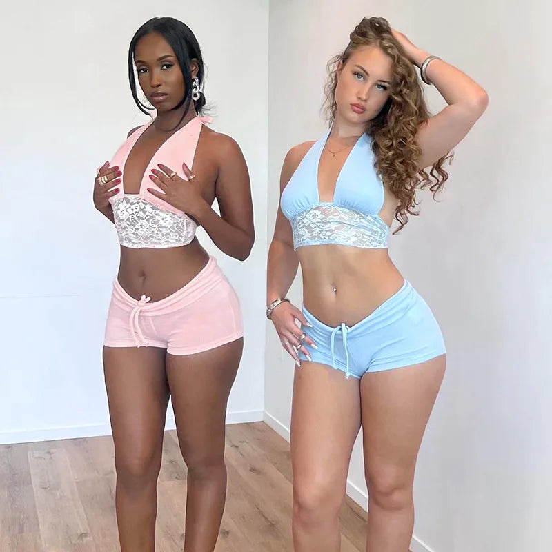 2 Piece Short Sets Lace Trim Halter Crop Top Drawstring Shorts Matching Sets Women Outfits Summer Co Ords