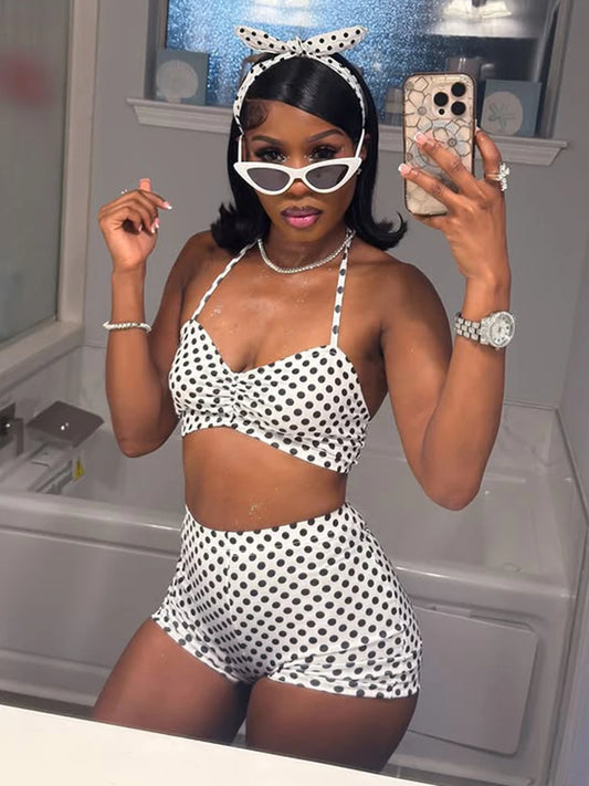 Polka Dot Print 2 Piece Set Woman Summer Trend Halter Low-Neck Backless Crop Tops+Skinny Shorts Sexy Fashion Suits
