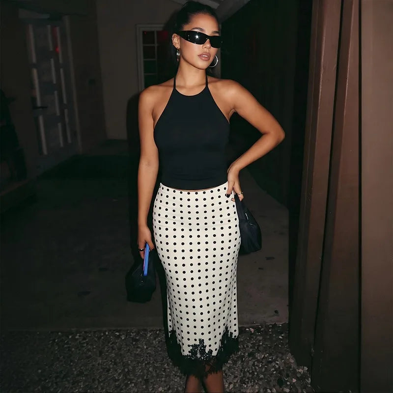 White Polka Dot Midi Skirt with Black Lace Trim Hem Elegant Woman Clothing Fishtail Skirts