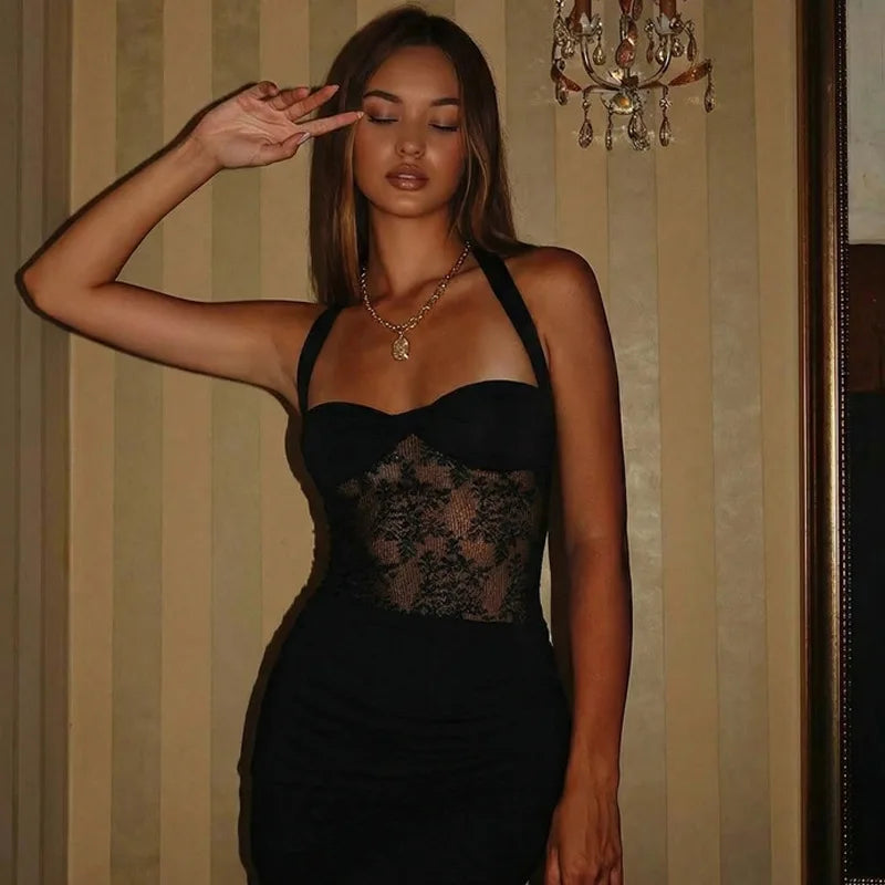 Lace Halter Backless Maxi Dress for Woman Elegant Sexy Black Evening Party Dresses
