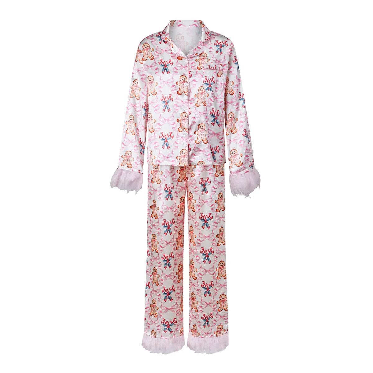 Cute Christmas Women Silky Satin Pajama Set Feather Trim Cuff Long Sleeve Lapel Top Long Pants Xmas Print Sleepwear