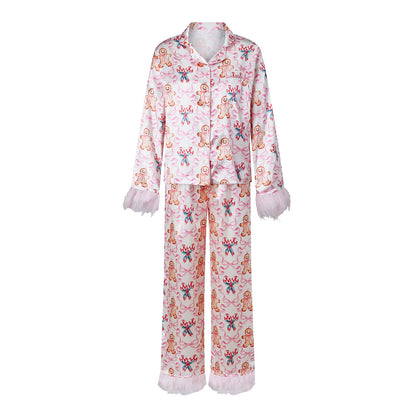 Cute Christmas Women Silky Satin Pajama Set Feather Trim Cuff Long Sleeve Lapel Top Long Pants Xmas Print Sleepwear