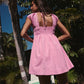 Womens Boho Mini Dress Square Neck Backless Tie Neck Puff Sleeve Smocked Waist A Line Dress Casual Summer Vacation Beach
