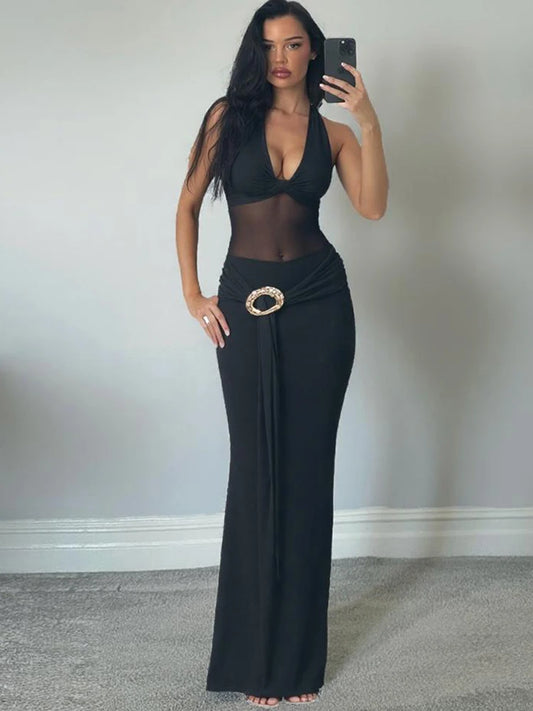 Halter Dress Women Mesh Patchwork Lace-Up Metal Ring Ribbon Ruched Elegant Skinny Stretch Backless Sleeveless Bodycon