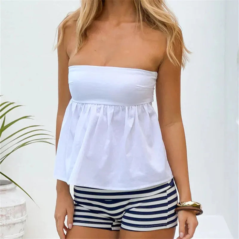 Y2K Vintage Strapless Tube Babydoll Top Women Back Bow Tie Gathered Peplum Flowy Solid Stripe Summer Beach Casual Tops