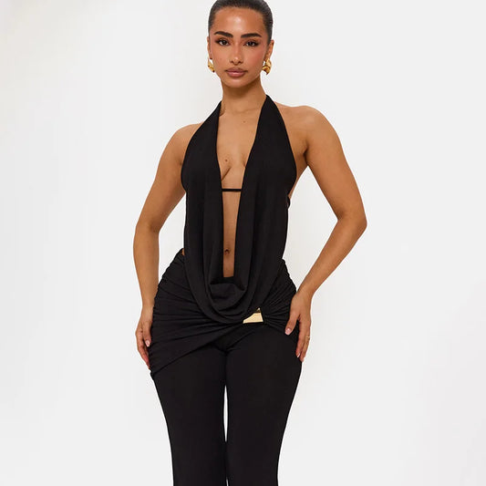 Sexy Black Two Piece Outfit for Woman Open Back Halter Top Metal Buckle Flare Pants Matching Sets Club Wear