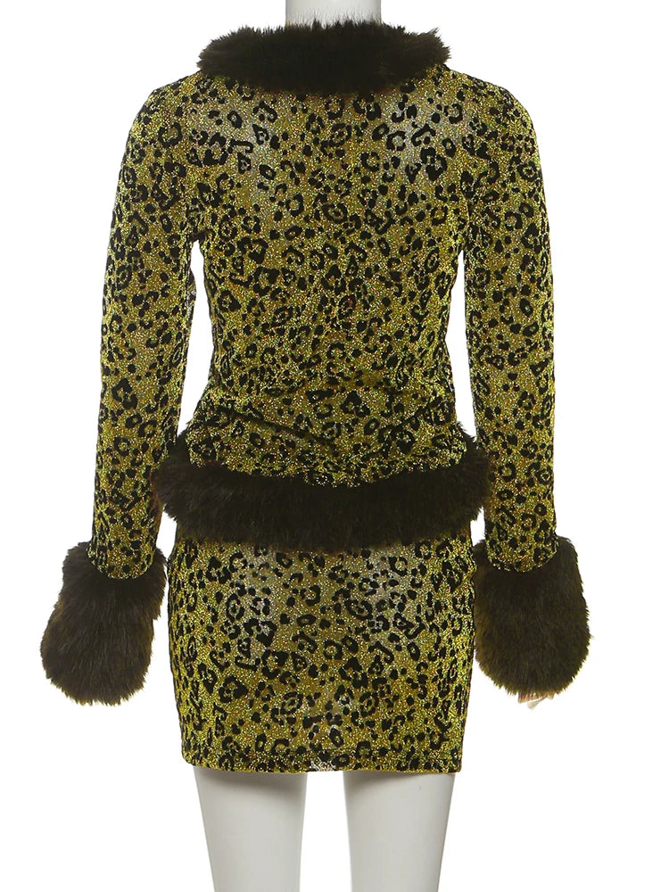 Wild Leopard Print 2Piece Set Woman Autumn Trend Furry Patchwork Full Sleeve Tops+Skinny Mini Skirts Street Style Outfits