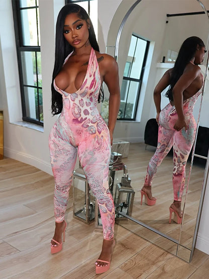 Colorful Print Jumpsuit Women Halter Deep v-Neck Sexy Backless Sleeveless Skinny Peach Hip Street Activity Overalls