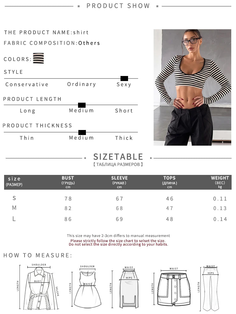 Stripes Print Crop Tops Woman Autumn Trend Low-Neck Full Sleeve Skinny Stretch High Street Versatile Style T-Shirts