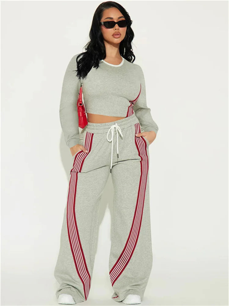 Contrast Stripe Design 2 Piece Set Women o-Neck Full Sleeve Crop Tops+Drawstring Long Pants Casual Sporty Style Suits