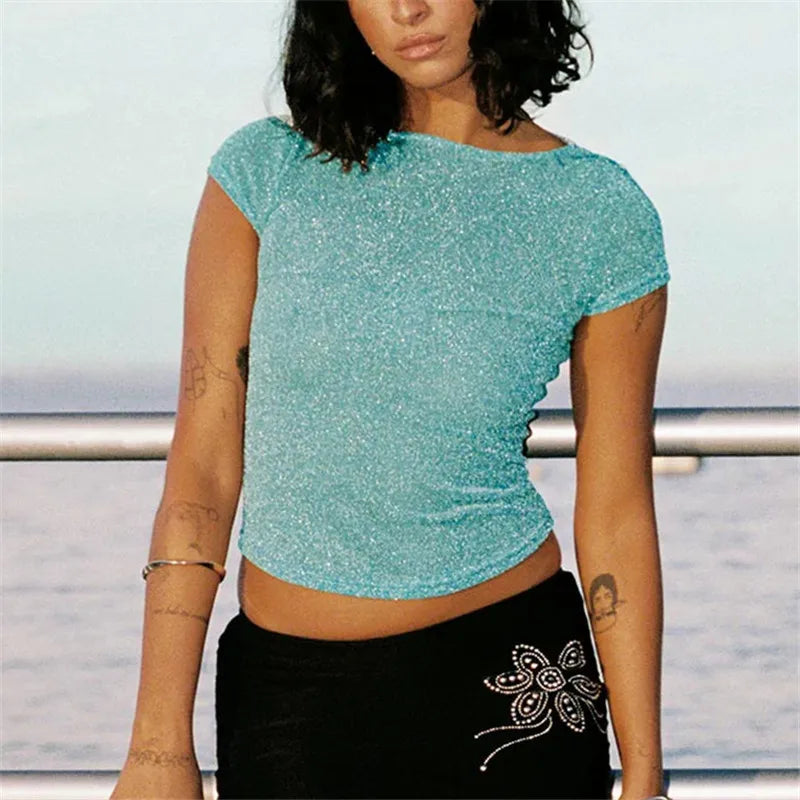 Women's Glitter Lurex Sparkly Crop Top Boat Neck Short Sleeve Ruched Bust Slim Fit for Nightclub and Party Events