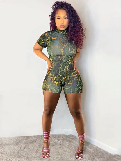Peach Buttocks Playsuit Women See Through Shorts Sleeve Backless Summer Trend Aesthetic Print Midnight Club Romper