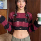 Y2K Punk Distressed Striped Crop Knit Sweater Women Cross Lace Up Side Long Sleeve Ripped Hole Gothic Streetwear Top
