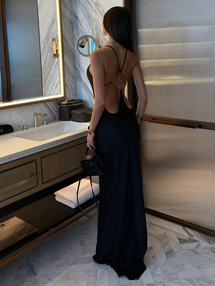 Backless Halter Satin Dress Women Metal Buckle Elegant Patchwork Sleeveless Fashion Classic Evening Party Boducon