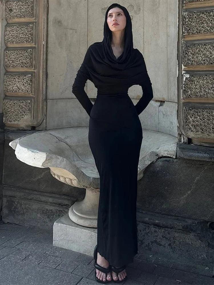 Classic Chic Hooded Dress Women Fall Elegant Basic Swing Collar Full Sleeve Stretch Skinny Slits Party Streetwear
