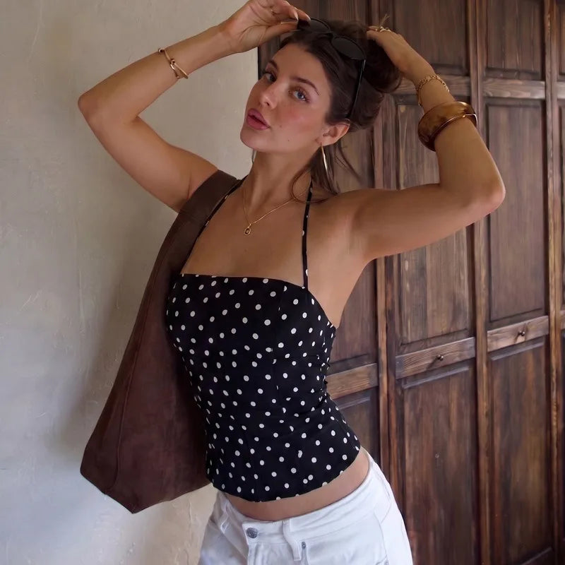 Retro Polka Dot Print Halter Tops for Woman Crop Top Sexy Summer Tanks Camis Women Clothing